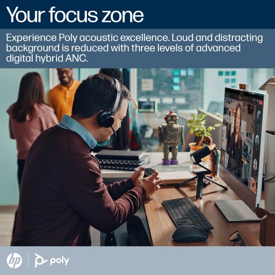 Casca HP Poly Voyager Focus 2 Microsoft Teams Certified USB-C-C Headset +USB-C/A Adapter +Charging Stand 9T9J6AA