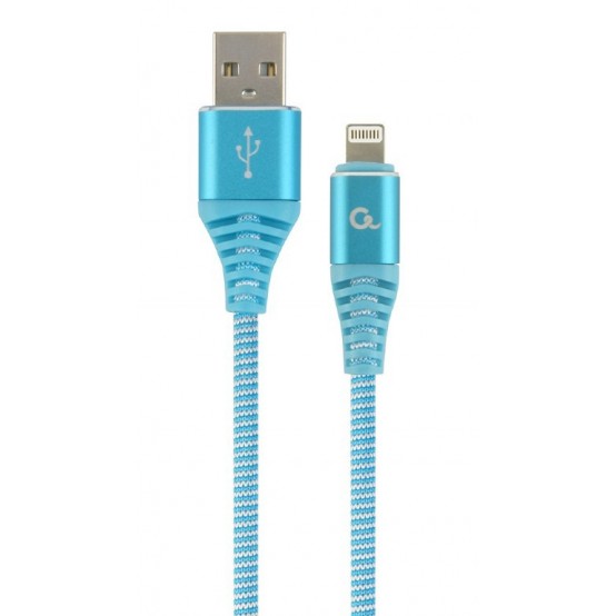 Cablu Gembird Premium cotton braided 8-pin charging and data cable, 1 m, turquoise blue/white CC-USB2B-AMLM-1M-VW