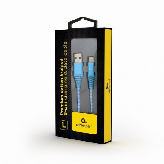 Cablu Gembird Premium cotton braided 8-pin charging and data cable, 1 m, turquoise blue/white CC-USB2B-AMLM-1M-VW